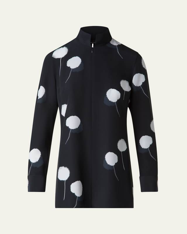 Windflower Print Silk Crepe Tunic Blouse